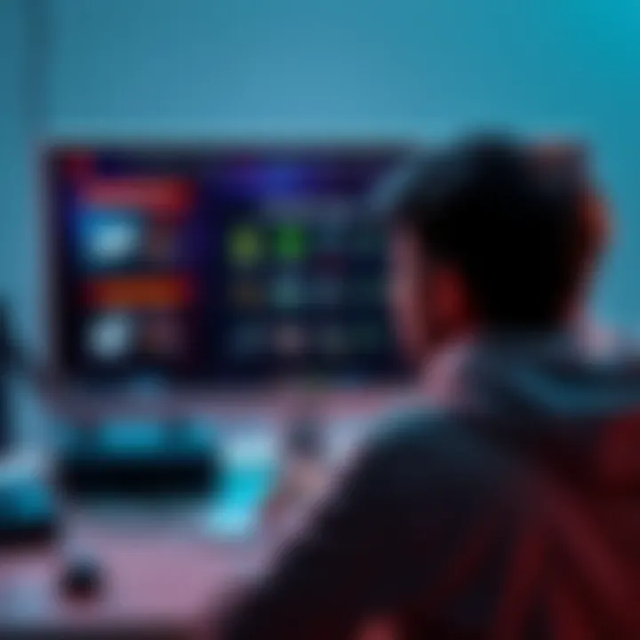 Player Struggling with Gear A gamer looking frustrated in front of a computer screen, showing low-level gear stats and sponsored items on screen.