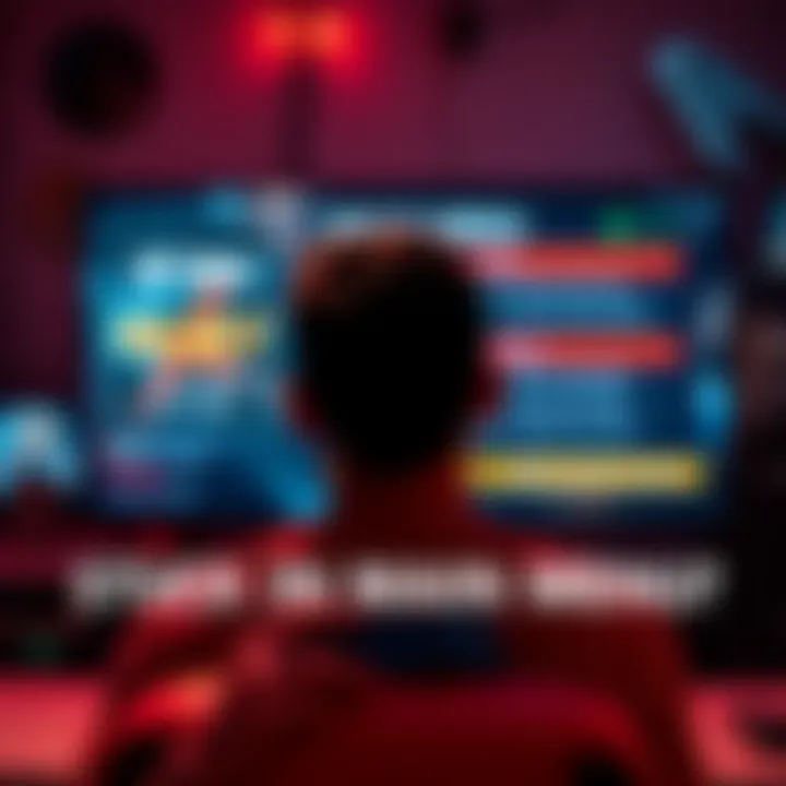 Player stuck in video game main menu A person looks frustrated while staring at a video game main menu screen, with the controller in hand.