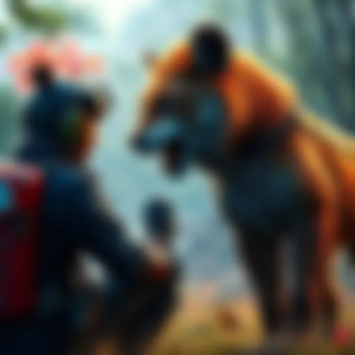 A gamer interacting with a wild animal in a vibrant game world, showcasing the taming experience.