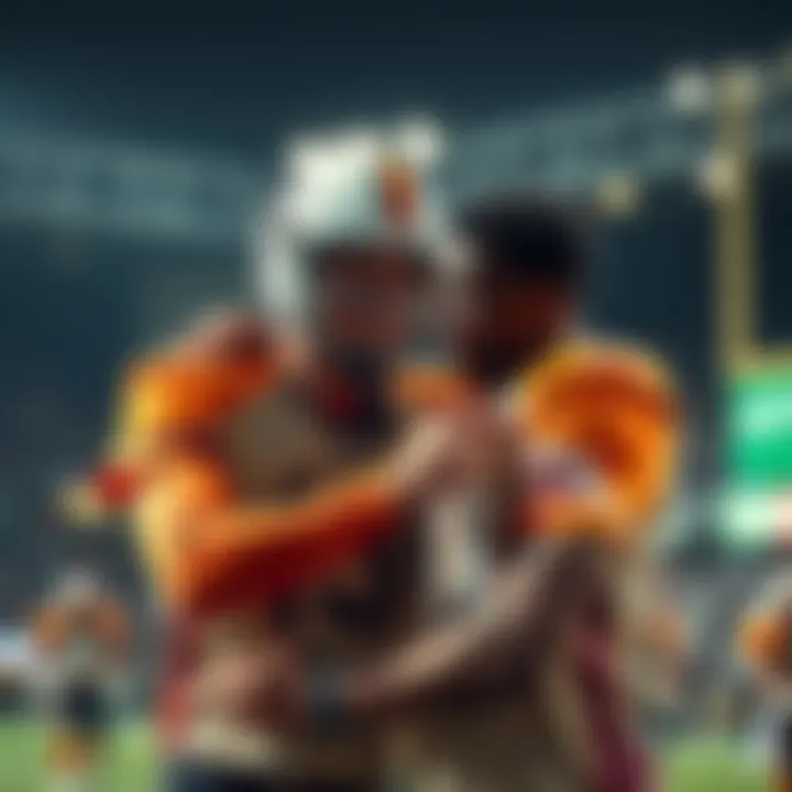 A player and teammate sharing a moment of joy after a game, showing appreciation for teamwork and support.