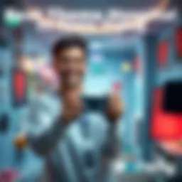 Player holding a controller with a big smile, surrounded by Theme Hospital game posters and decorations.