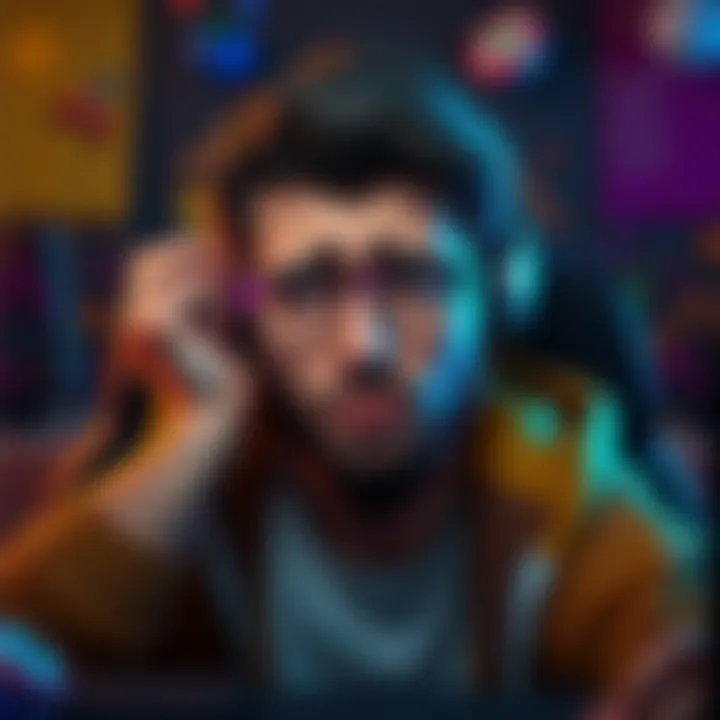 A gamer looking exhausted after completing many tasks in Bloons TD 6, showing frustration and fatigue from achievement hunting.