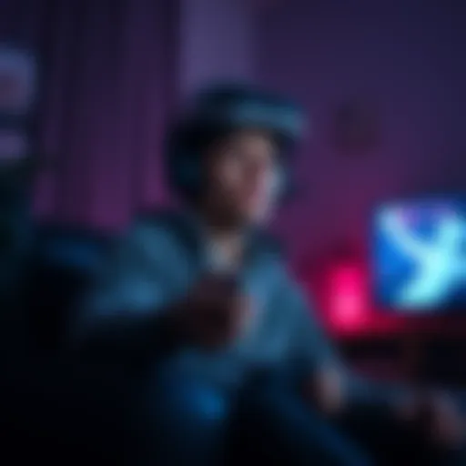 A gamer showing signs of motion sickness while playing Rise, sitting in a dimly lit room with a game controller in hand.