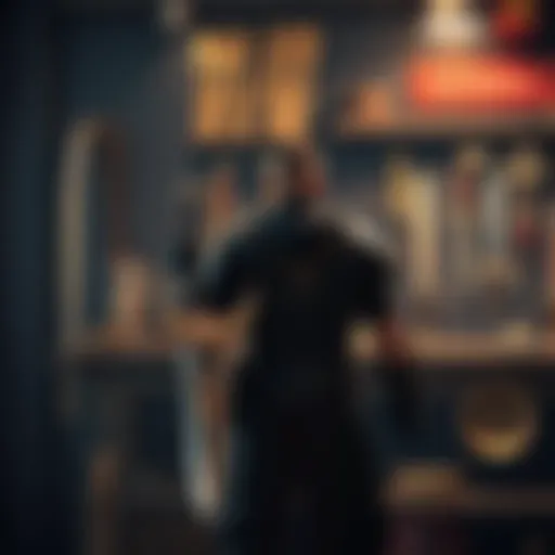 A player standing in front of a workbench, upgrading different weapons in Elden Ring, with a claymore in hand and various weapons displayed around.
