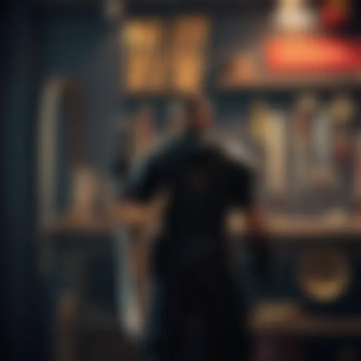 Player Upgrading Weapons in Elden Ring A player standing in front of a workbench, upgrading different weapons in Elden Ring, with a claymore in hand and various weapons displayed around.