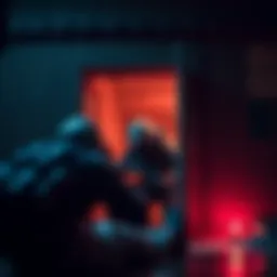 A gamer strategically using a spring trap door in a game scene to avoid an attack.