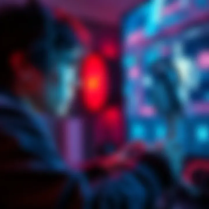 A gamer using voice commands to play against a digital bot on screen, showing intense concentration.