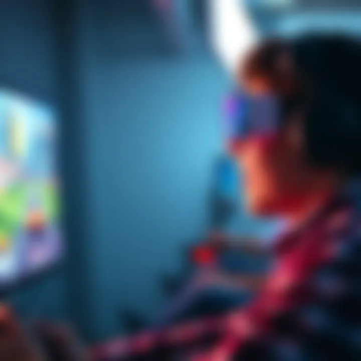 A gamer wearing 3D glasses while playing a video game, showing a vibrant game environment and the action of looking up and down on the screen.