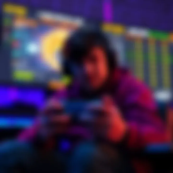 Player with Controller A focused player holding a game controller, sitting in front of a screen displaying a game scoreboard with high wins.