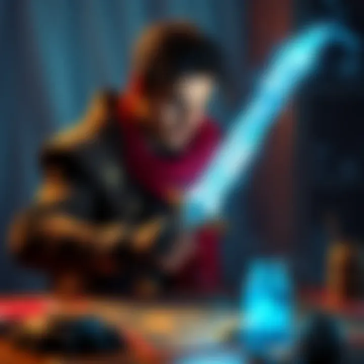 A tabletop gamer interacts with a bright, animated sword that seems to guide their actions as they plan their next move in a fantasy game setting.