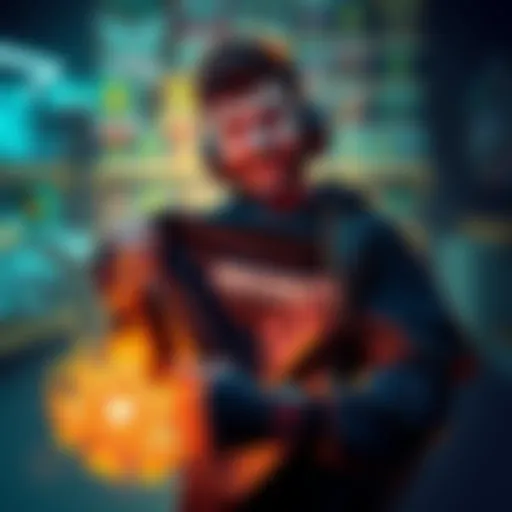 A gamer showcasing their legendary items collection, focused on a specific coveted shirt, with excitement and pride on their face.