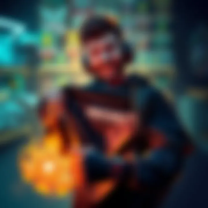 A gamer showcasing their legendary items collection, focused on a specific coveted shirt, with excitement and pride on their face.