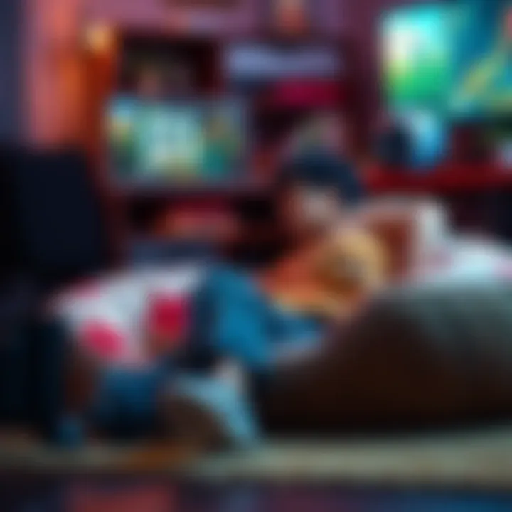 A gamer relaxing with a quirky pet bed while looking at a game screen, showcasing the mix of humor and gaming