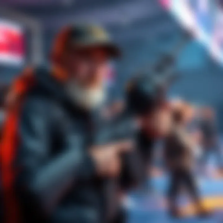 A veteran player holding a rifle with a large drum magazine, looking frustrated at a gaming event