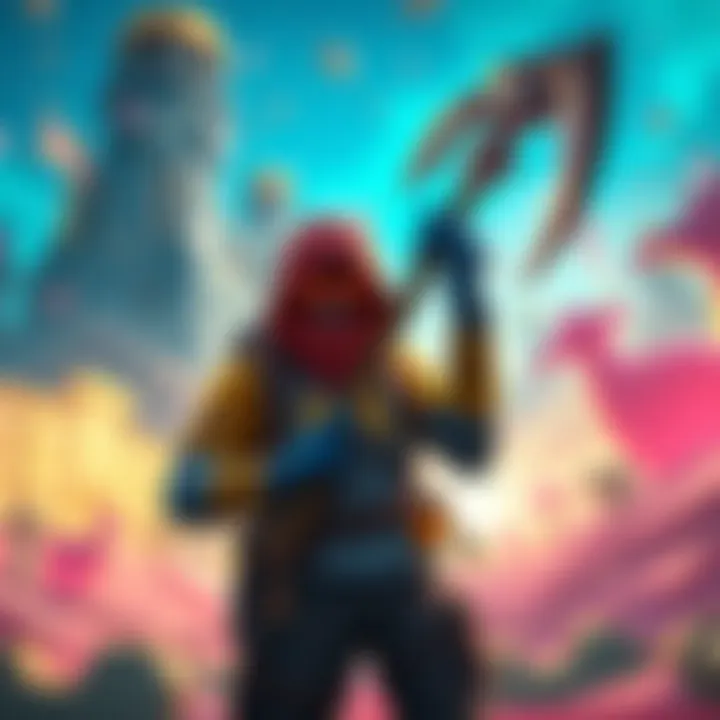 A gamer holding the Spineaxe in a colorful game environment, surrounded by obstacles and challenges.