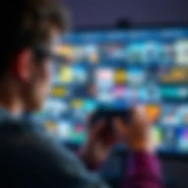 A concerned gamer looking at a screen, showing a PlayStation game library filled with various game covers.