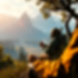 Player writing notes in an open world game A gamer taking notes while exploring a vast game world, surrounded by mountains and forests