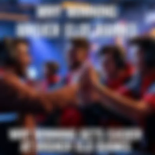 A group of gamers high-fiving and smiling after winning a match, showing teamwork and excitement in competitive gaming.