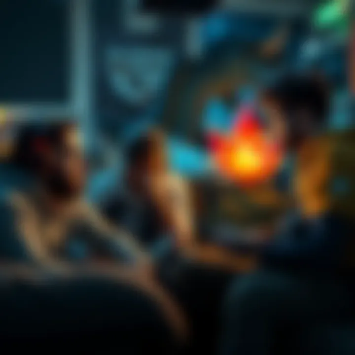 A group of gamers strategizing together on a couch, focused on a challenging boss battle in a video game, showcasing teamwork and summoning mechanics.