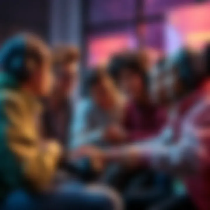 A group of diverse gamers strategizing together, each showcasing unique playstyles and expressions of teamwork