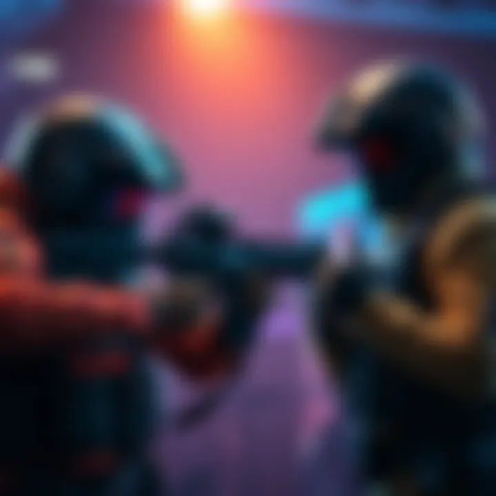 Players in a combat game Two players in a multiplayer combat game focusing on shooting etiquette and positioning to avoid friendly fire.