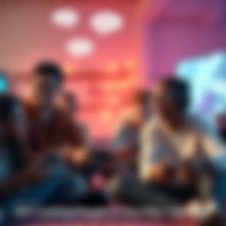 Players Connecting Online A group of diverse gamers sitting together, smiling and playing video games on their consoles, with lively chat bubbles above them suggesting conversation