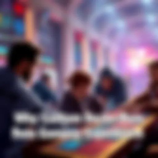 A group of players discussing the impact of custom decks on a game at a table, with cards spread out around them