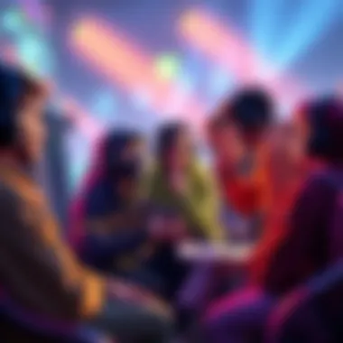 Group of gamers discussing fixed emotes and customization options in a vibrant gaming environment