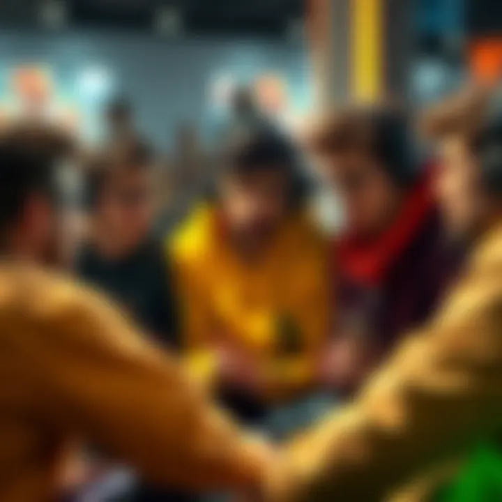 A group of gamers engaged in a discussion about the game's status, with some looking concerned and others more optimistic, set in a casual gaming environment.