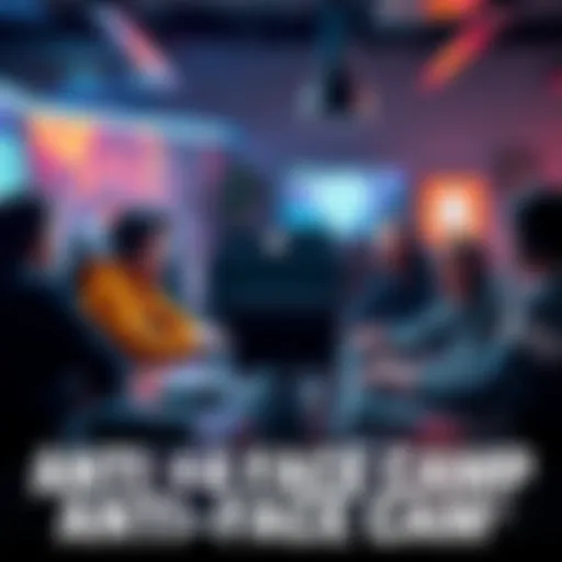 A group of gamers sitting around a table, engaging in a discussion about Anti-Face Camp and its impact on gameplay strategies, with gaming equipment in the background.