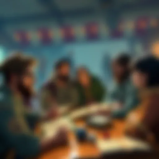 A group of people gathered around a table, sharing ideas and experiences about using Unearthed Arcana material in their tabletop games, with books and dice in front of them.