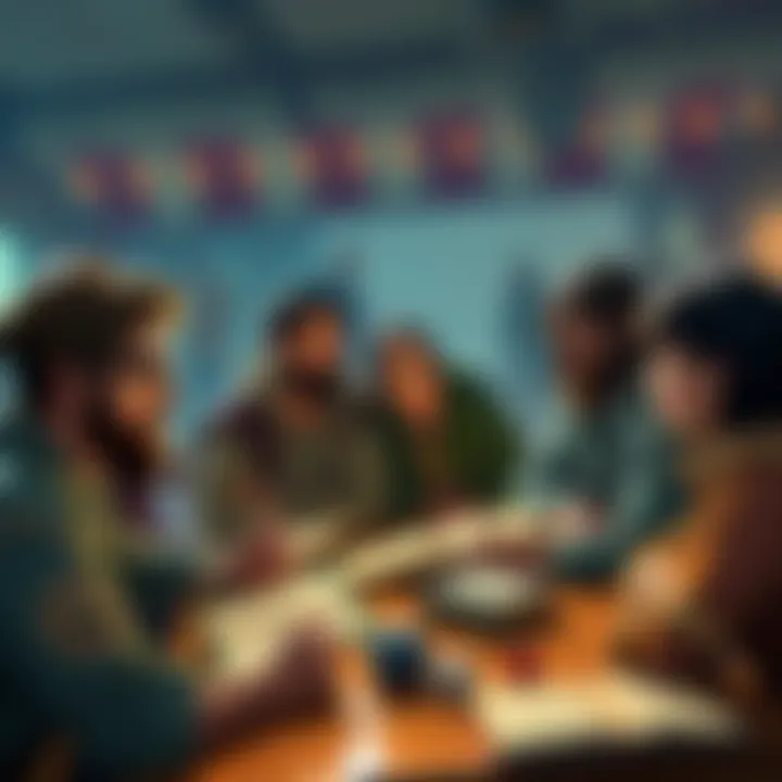 A group of people gathered around a table, sharing ideas and experiences about using Unearthed Arcana material in their tabletop games, with books and dice in front of them.