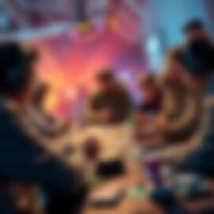 A group of gamers sharing deck choices and strategies over a table filled with cards and game materials