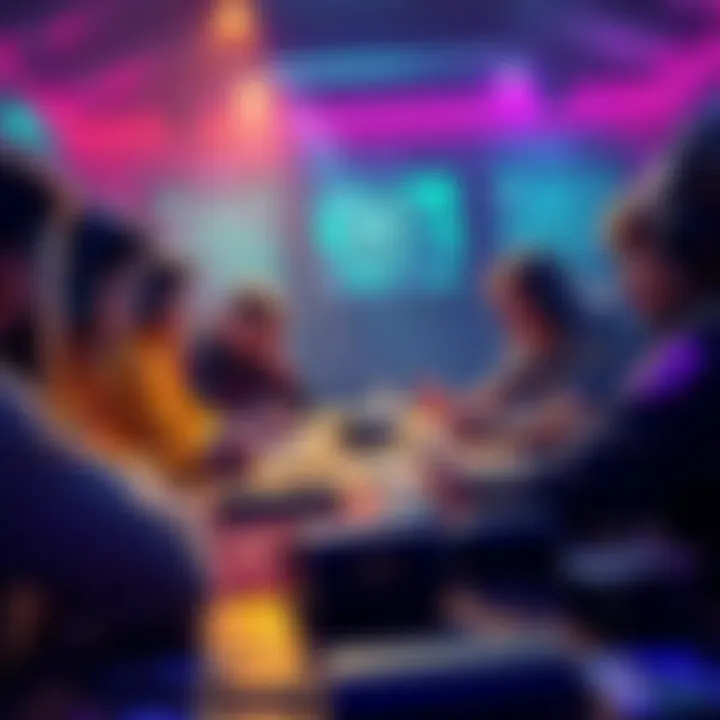 A group of players engaged in a lively discussion about potential card nerfs for an upcoming balance patch, with cards and gaming gear visible on a table.