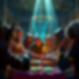 A group of players discussing strategies for the Discard Warlock deck in a card game setting, showing mixed reactions.