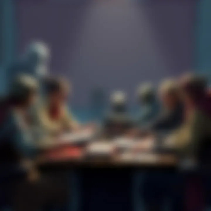 A group of players around a table discussing whether to charge a fee for D&D campaign materials, with books and dice on the table