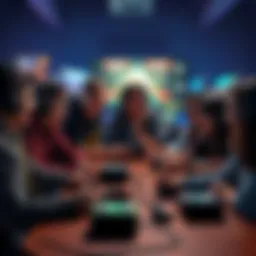 A group of gamers sharing their favorite video games before Arc Raiders, engaged in conversation around a table with gaming consoles and controllers, showing excitement and enthusiasm.