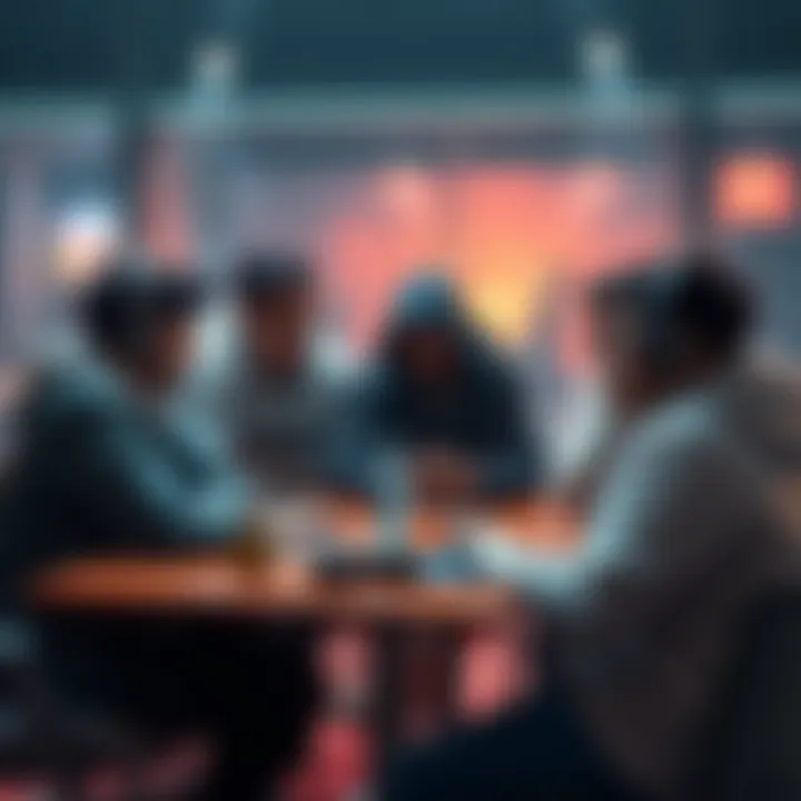 A group of gamers gathered around a table, sharing their challenges with different game classes in a lively discussion.