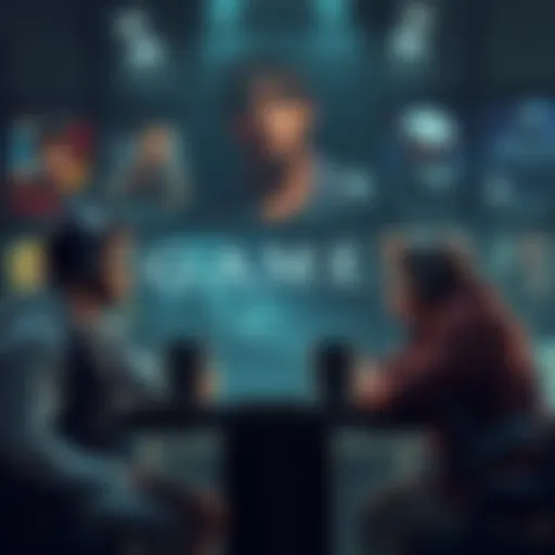 A group of gamers debating the inclusion of easy modes in soulslike games, with game posters in the background.
