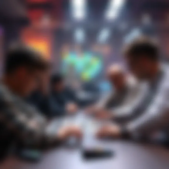 Group of gamers sharing experiences about a game puzzle at a table