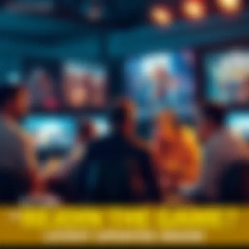 A group of gamers sharing thoughts and excitement about returning to a video game, with a backdrop of game posters and monitors showing gameplay