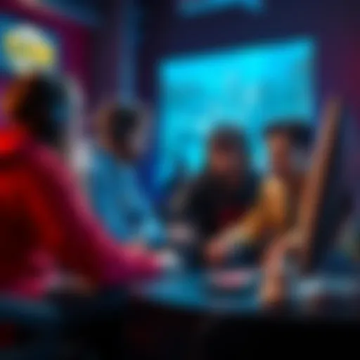 Players discussing a game A group of gamers sitting together, debating and expressing frustration about mid lane performance in a multiplayer game