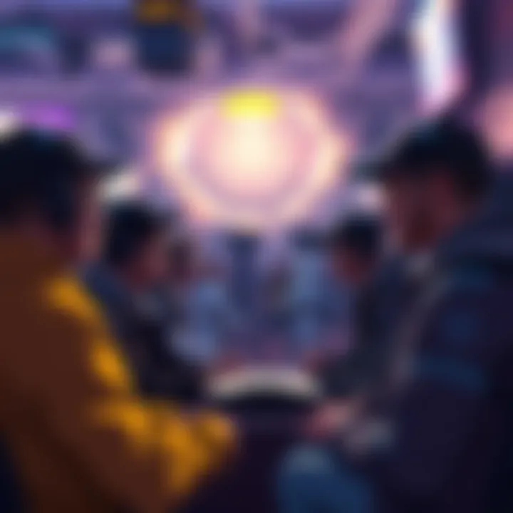 A group of gamers chatting about Overwatch character designs and lore changes at a gaming event