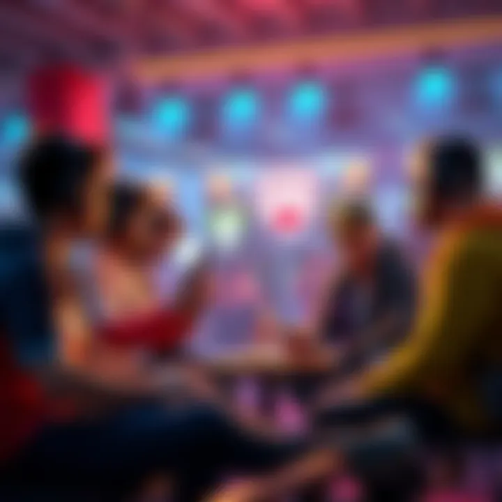 A group of gamers talking about PVP game balance in a relaxed setting