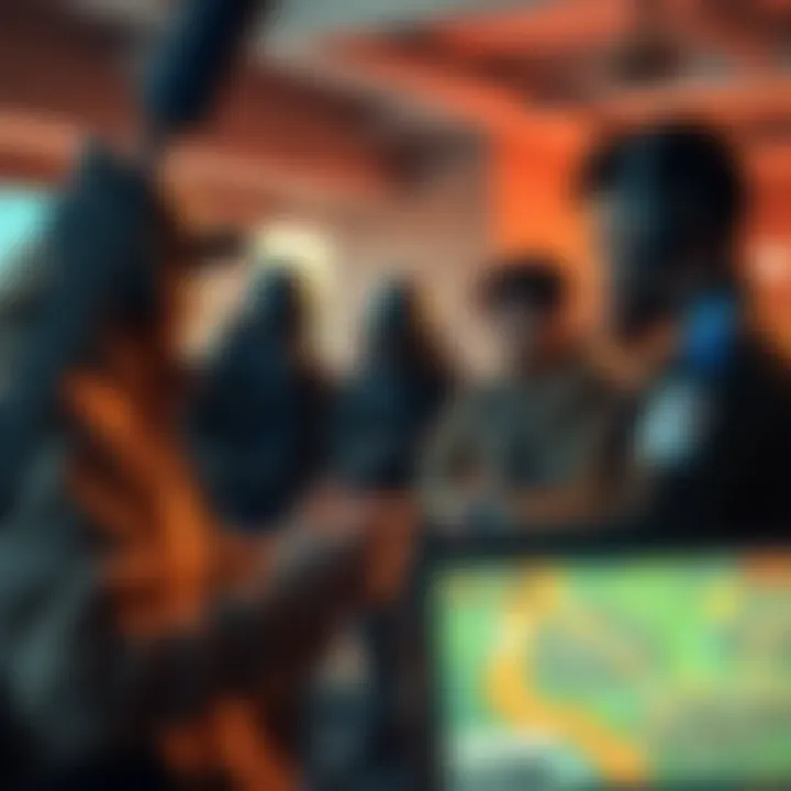 Players discussing quest challenges A group of gamers chatting about their struggles to find targets in a game quest, with one player showing a map on a screen.