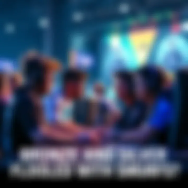 Players discussing rank issues Group of gamers talking about ranked matches and Smurf accounts in a competitive gaming setting