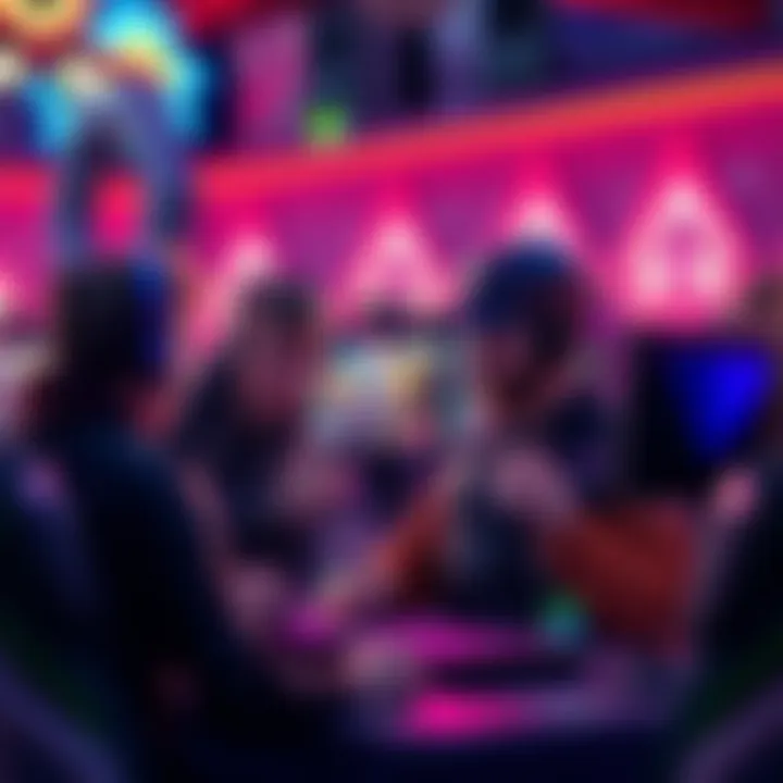 A group of gamers excitedly discussing the new reroll option for packs in gaming, with game screens in the background.