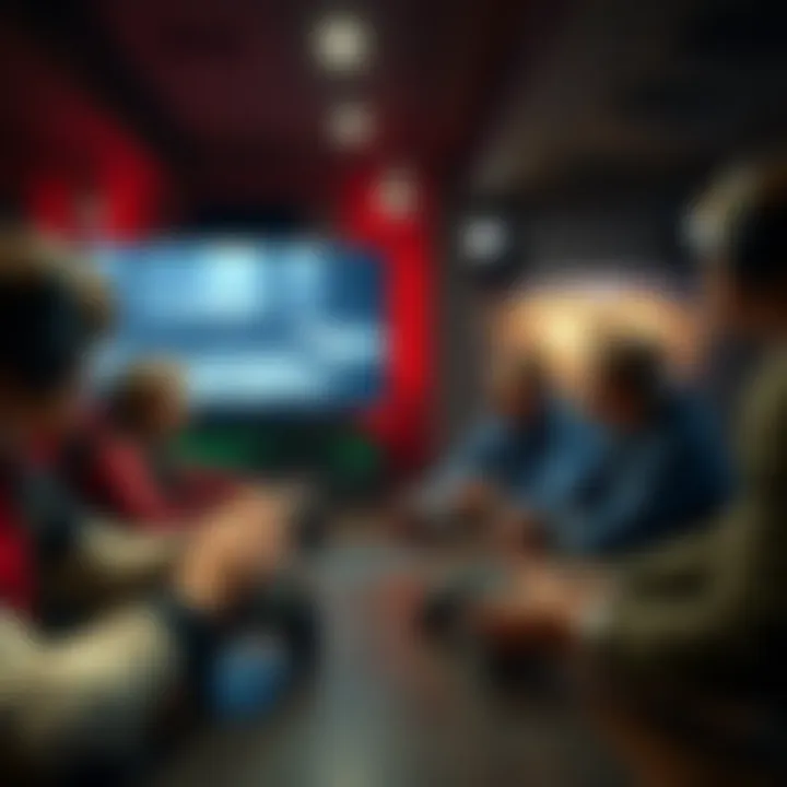 A group of gamers engaged in a lively discussion about the length and difficulty of Resident Evil remakes, with several game controllers and a large TV showing gameplay footage in the background.