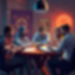 A group of diverse gamers sitting around a table, discussing character adjustments in an RPG session, with dice and character sheets visible