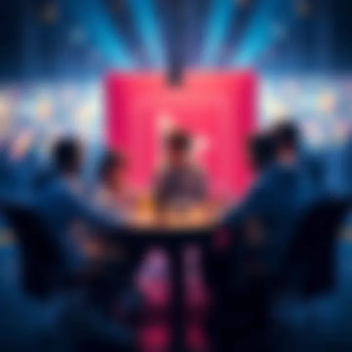 A group of players gathered around a table discussing strategies and complaints about the game meta before a tournament